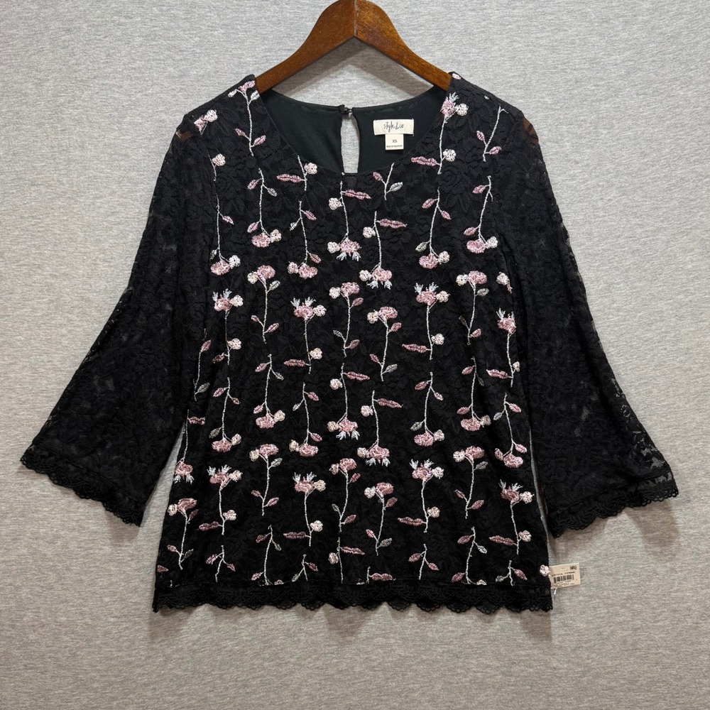 Style & Co Embroidered Lace Top Womens XS Black Floral Bell Sleeve Cottagecore